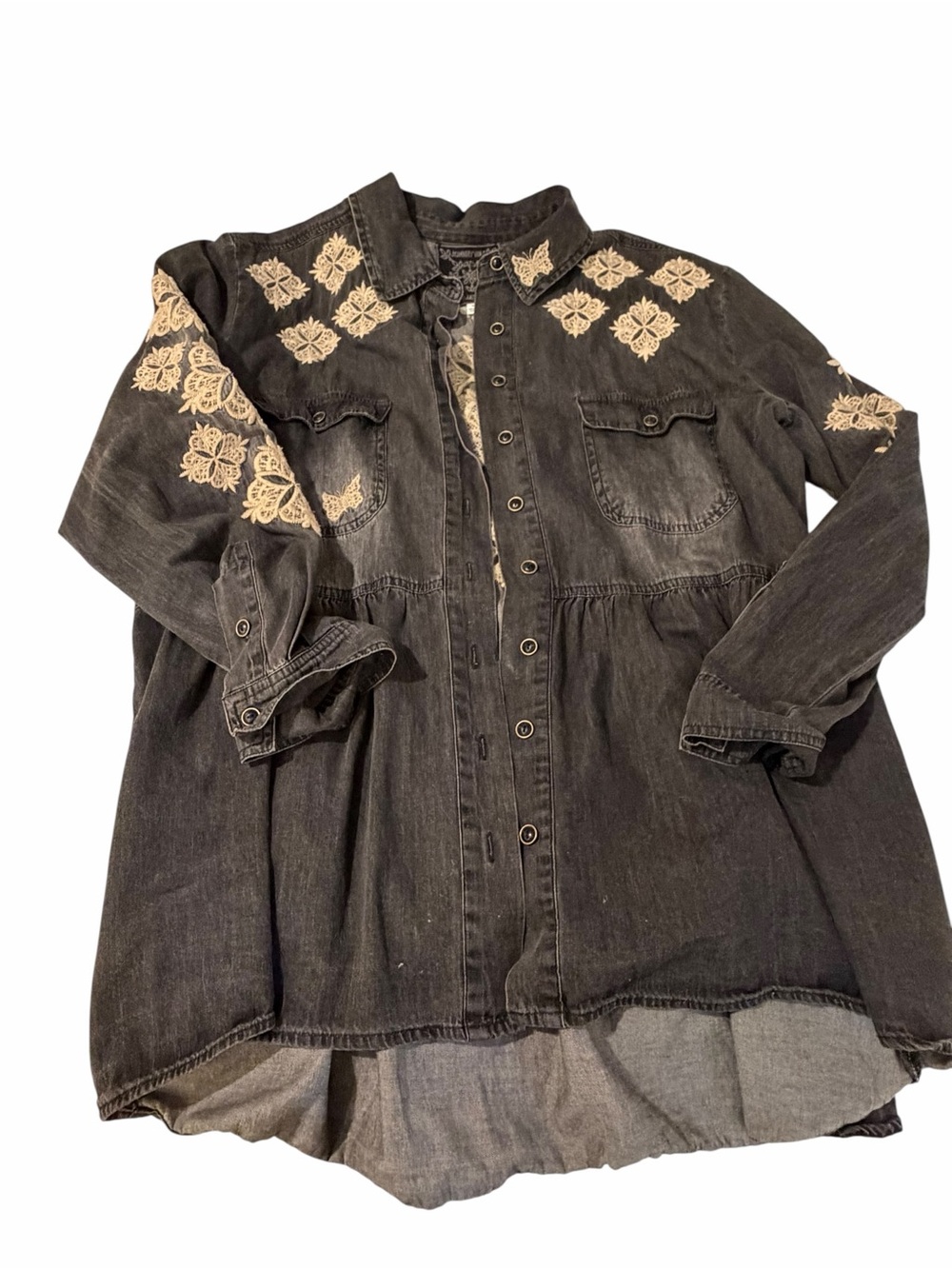 Johnny Was Embroidered Black Denim Babydoll Shirt Jacket M